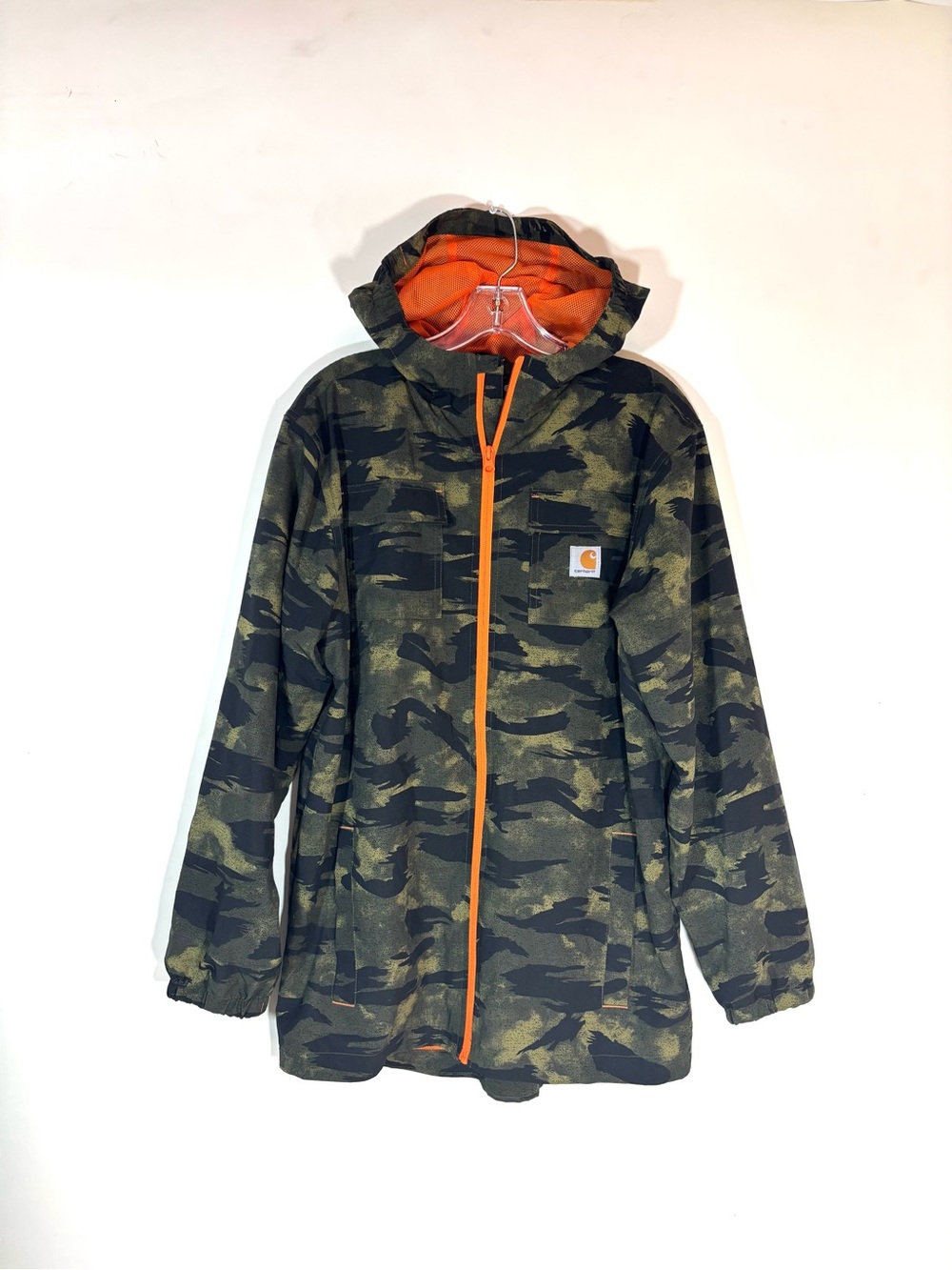 Carhartt Youth Boys Camo Hooded Rain Jacket Size XL (18-20) Orange Mesh Lined